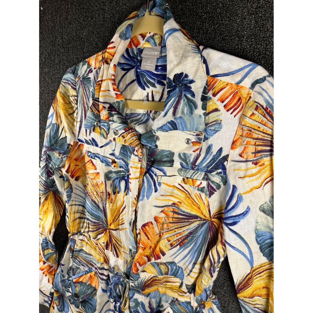 Chicos Tropical Palm Print Linen Utility Jacket Size 4/6 S Orange Blue Floral
